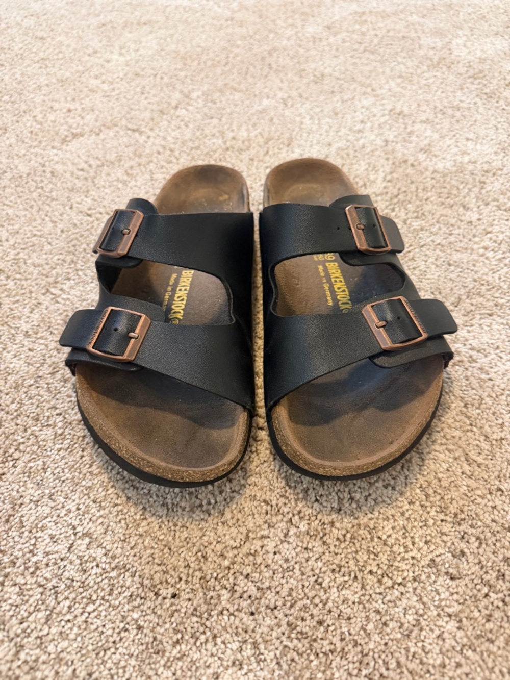 Birkenstock Black Two-Strap Sandals with Bronze Buckles